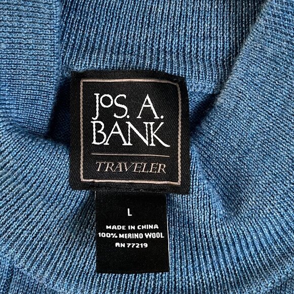 Men's Jos. A. Bank Traveler Blue Ribbed Merino Wool Sweater Sz Lg Mock Neck - Picture 3 of 3